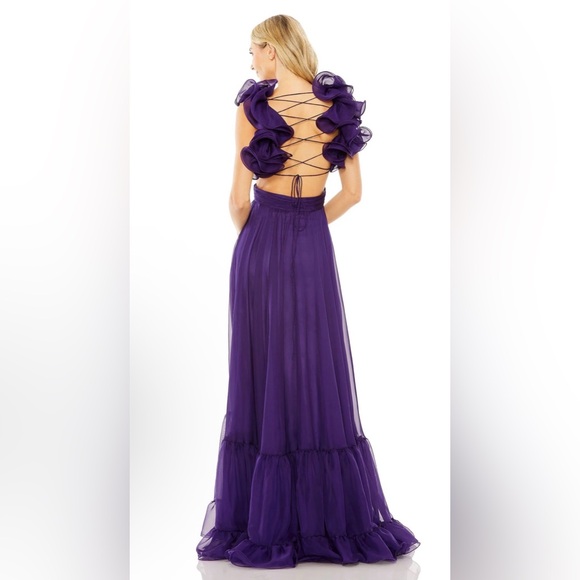 Mac Duggal Chiffon Sleeveless Cut-Out Strappy Back Detail Tiered Ruffle Gown - Picture 2 of 3